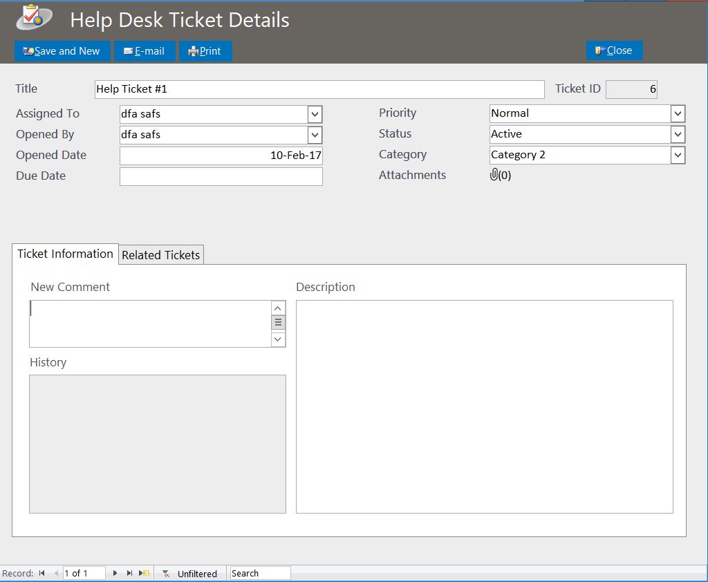 Account Help Desk Ticket Tracking Database